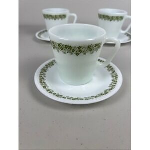 Pyrex Crazy Daisy Spring Blossom Green Milk Glass Mugs 1410 & Saucers Set of 4